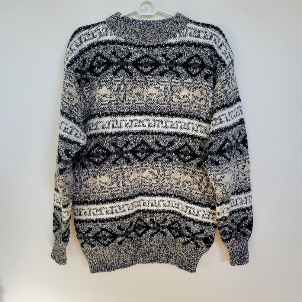 Vintage Sweater L Gray Black Tan White Geometric Pattern L Kenneth Roberts 80s